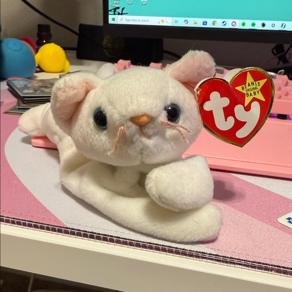 Beanie Baby Flip White Plush Cat with Heart Tag